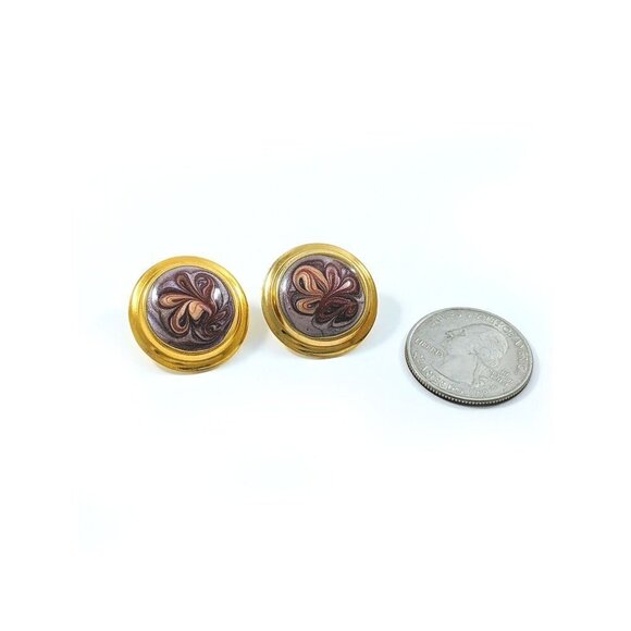 Vintage Round Domed Gold Tone Enamel Purple Swirls Earrings - Picture 2 of 7